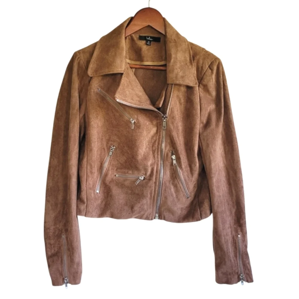 Lulus Vegan Suede Cropped Assymetrical Moto Jacket Tan Womens Medium